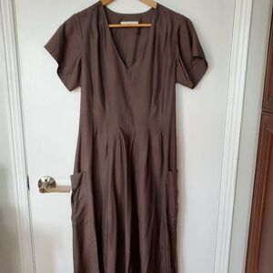 Silk Brown Midi Dress with deep pockets